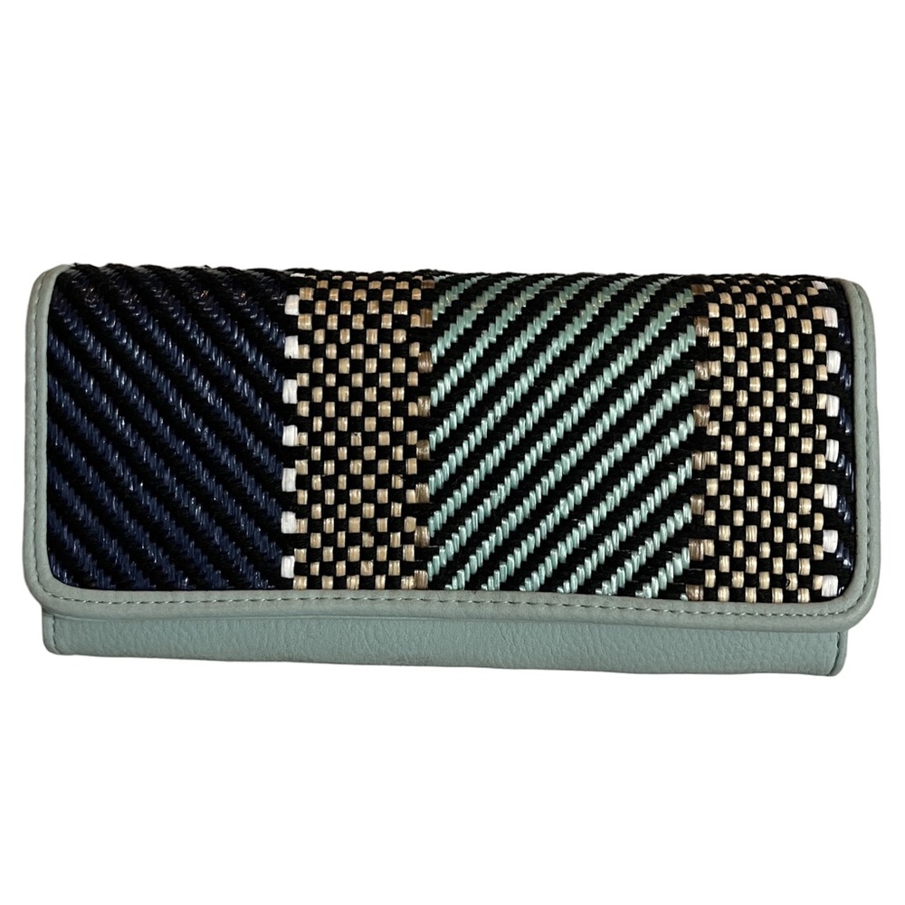 Women’s rectangle safe keeper wallet mint green blk/wht/tan woven front pockets